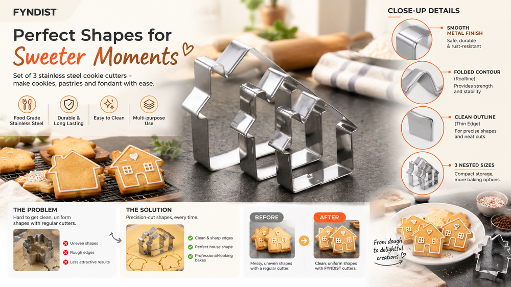 3-Piece Stainless Steel House Cookie Cutter Set for Baking Features