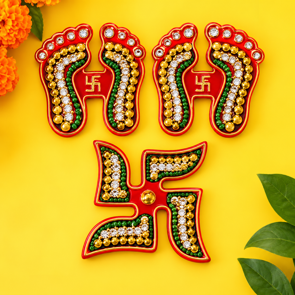 Laxmi Charan & Swastik Gemstone Rangoli Combo (Set of 3)