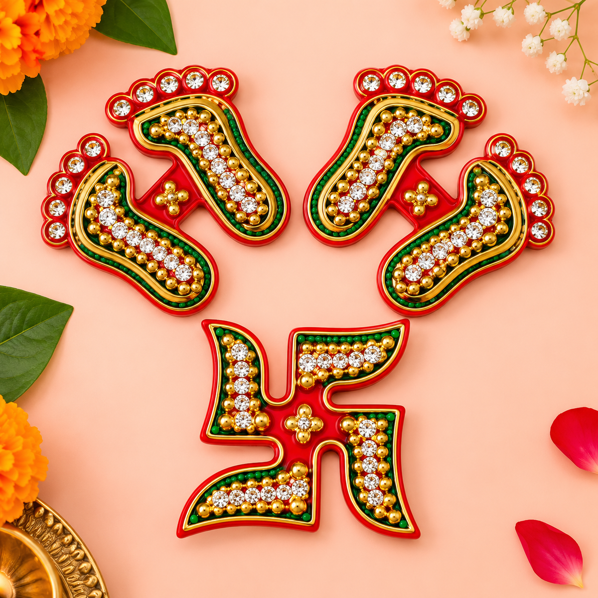 Laxmi Charan & Swastik Gemstone Rangoli Combo (Set of 3)
