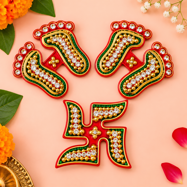 Laxmi Charan & Swastik Gemstone Rangoli Combo (Set of 3)