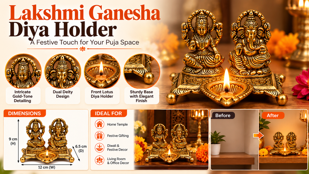 Golden Aluminium Lakshmi-Ganesha Idol with a Diya Features