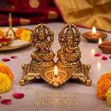 Golden Aluminium Lakshmi-Ganesha Idol with a Diya