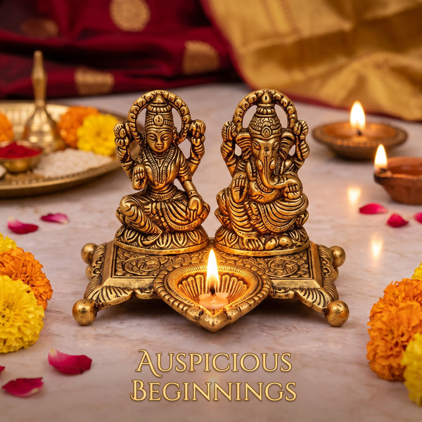 Golden Aluminium Lakshmi-Ganesha Idol with a Diya