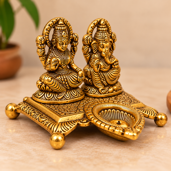 Golden Aluminium Lakshmi-Ganesha Idol with a Diya