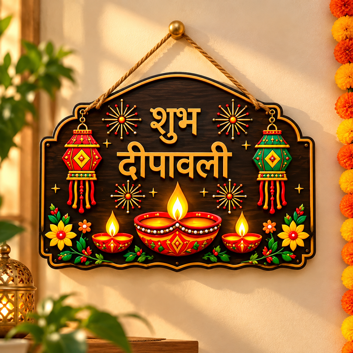 Shubh Diwali Wooden Wall Hanging Decor 30x20cm