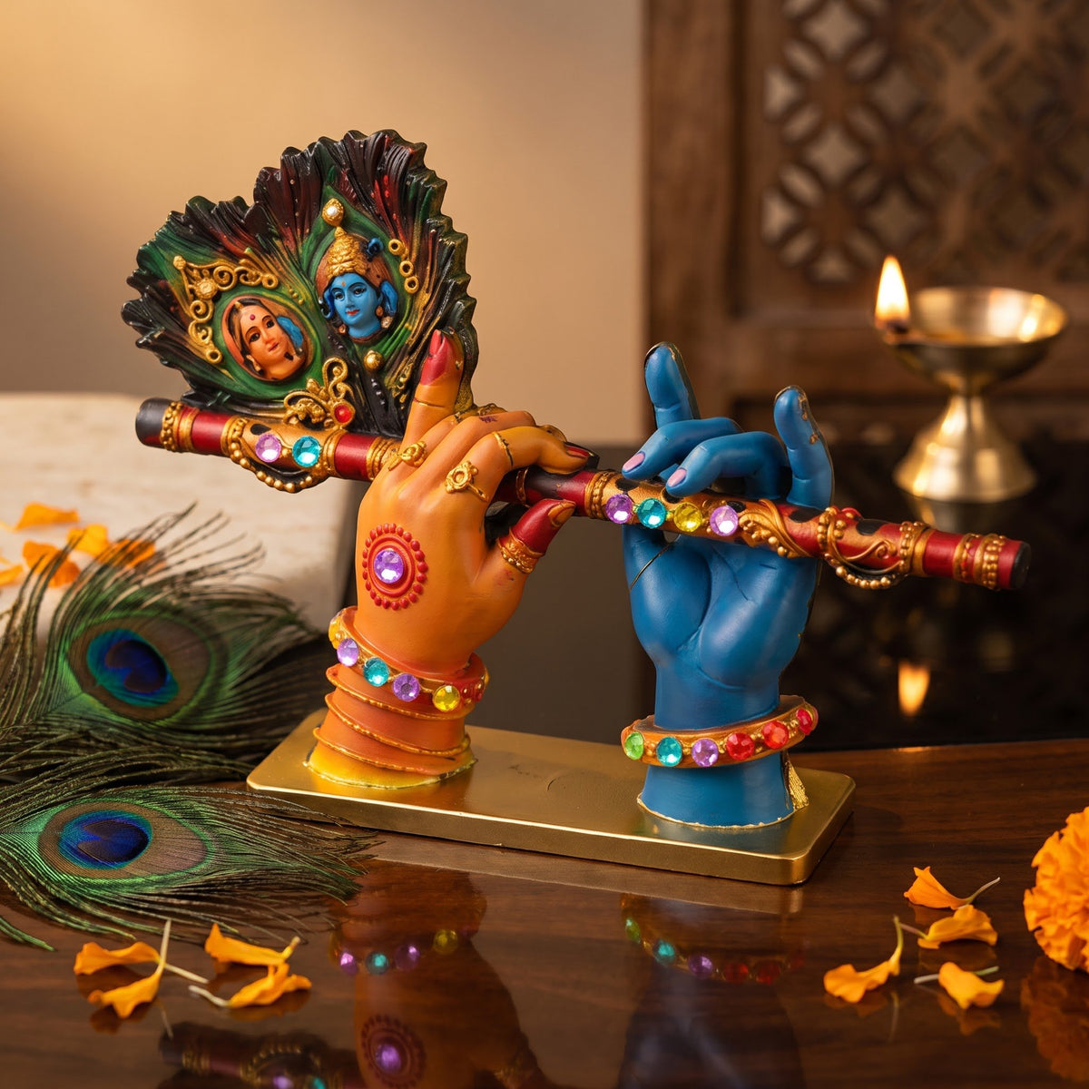 A divine idol of Radha-Krishna holding a flute