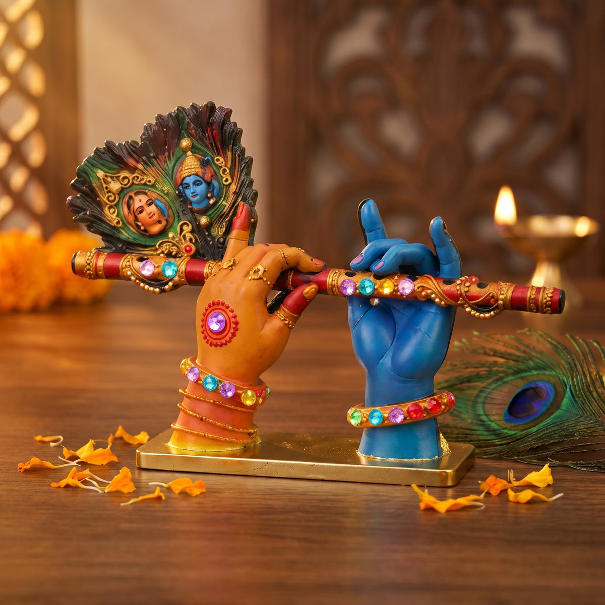 A divine idol of Radha-Krishna holding a flute
