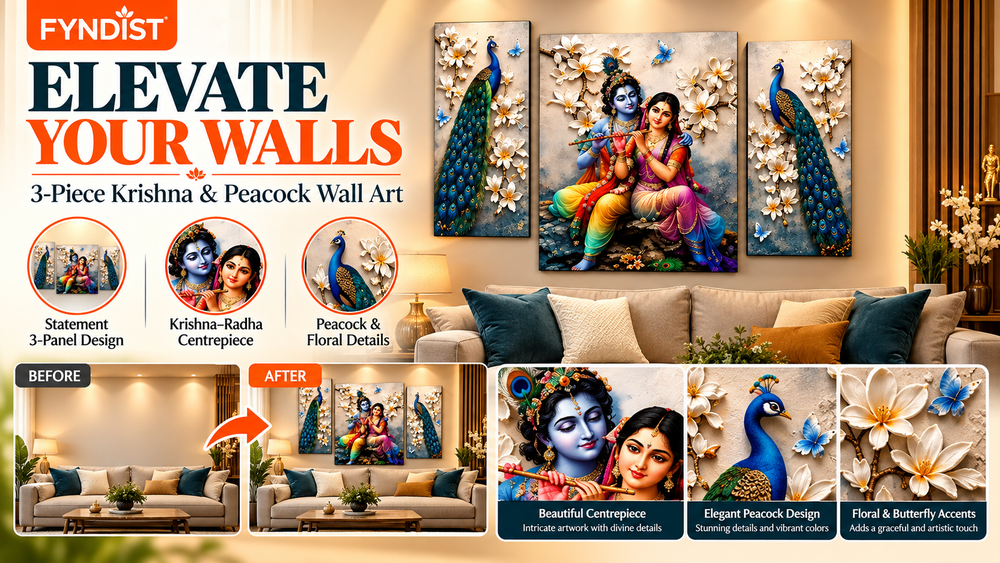 Radha Krishna Peacock 3-Panel Canvas Wall Painting Features
