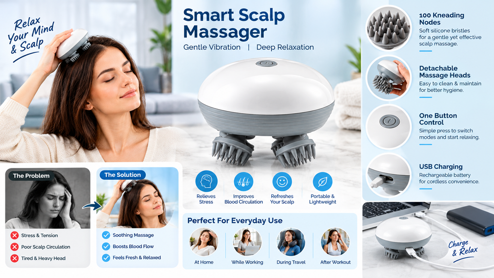 Electric Scalp Massager Brush with 4 Heads & 3 Modes Features