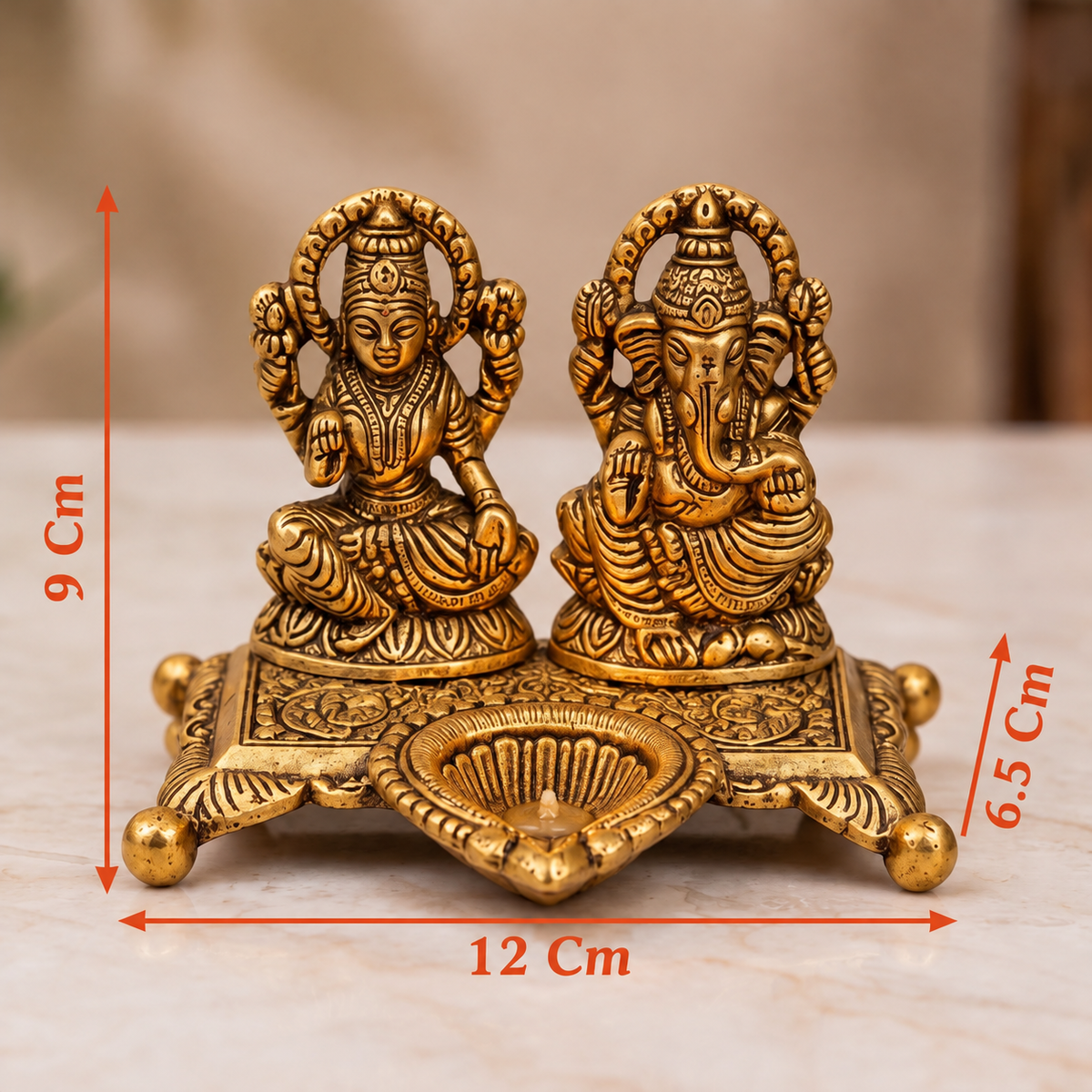 Golden Aluminium Lakshmi-Ganesha Idol with a Diya