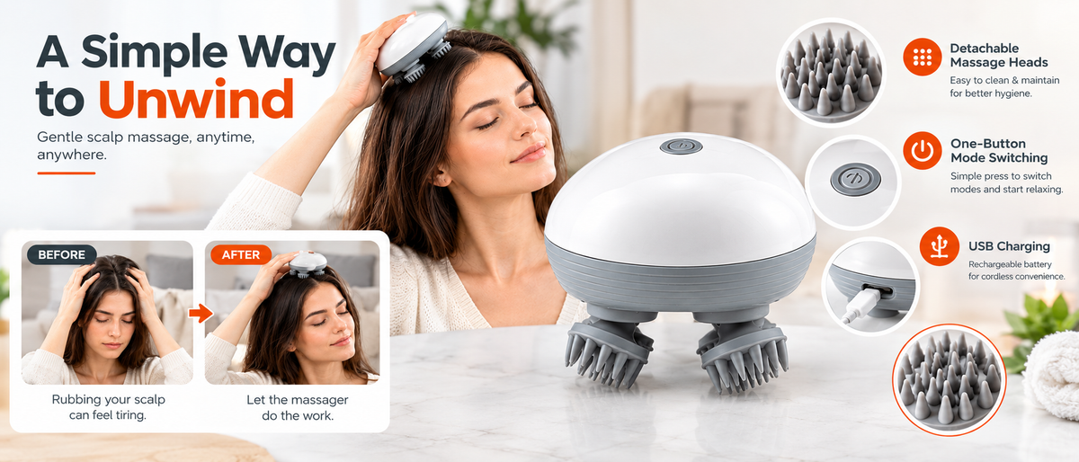 Electric Scalp Massager Brush with 4 Heads & 3 Modes Banner 1