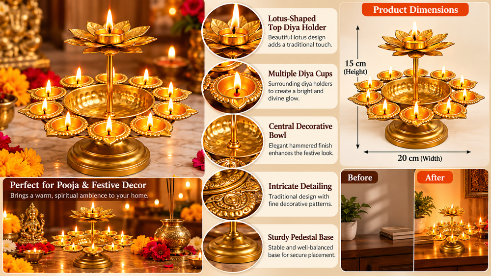 Diwali Urli Bowl Diya Stand with Lotus Candle Holder Features