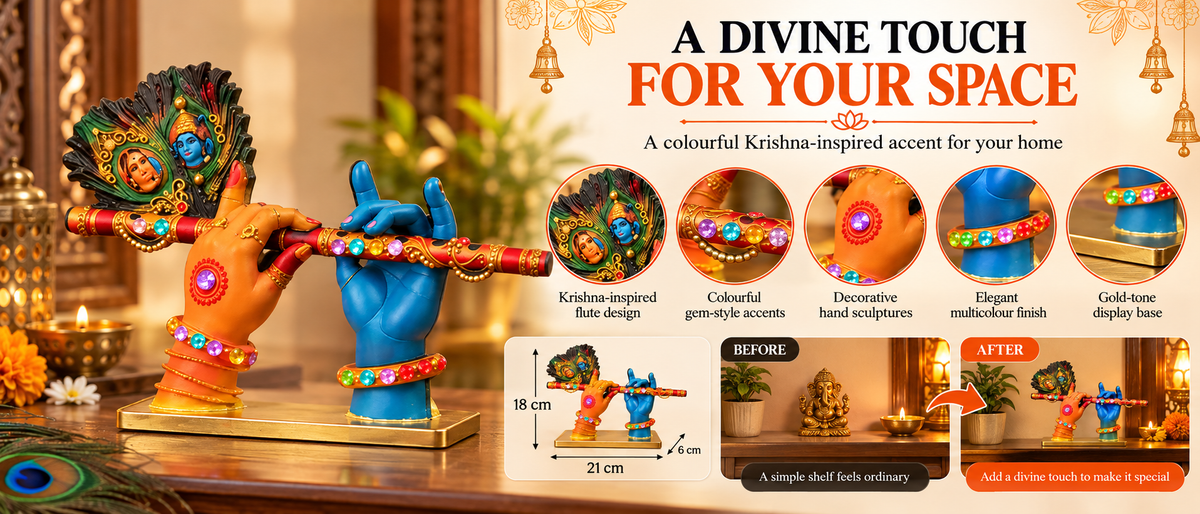 A divine idol of Radha-Krishna holding a flute Overview