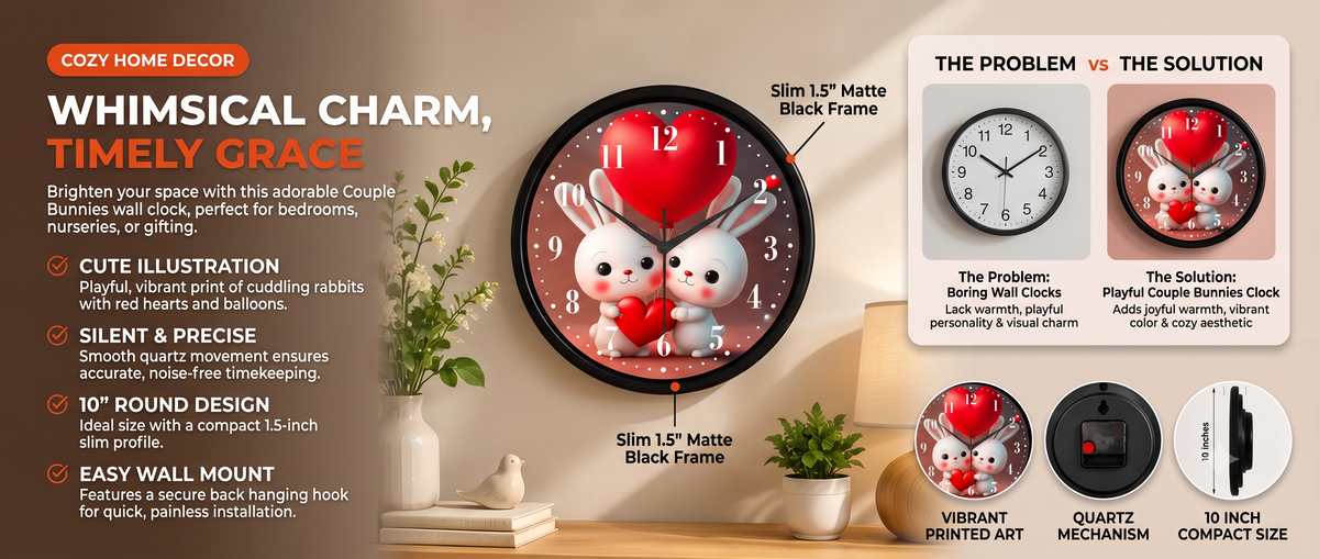 Cute Bunny Heart Analog 10" Wall Clock Overview