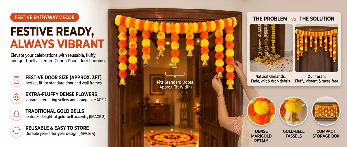 Artificial Marigold Flower Toran with Golden Bells (3.5 Ft) Overview