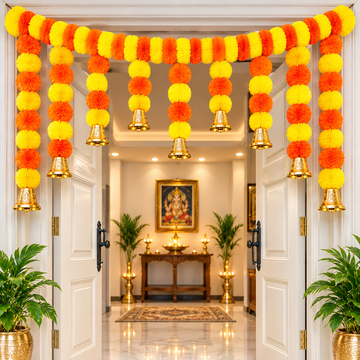 Artificial Marigold Flower Toran with Golden Bells (3.5 Ft)