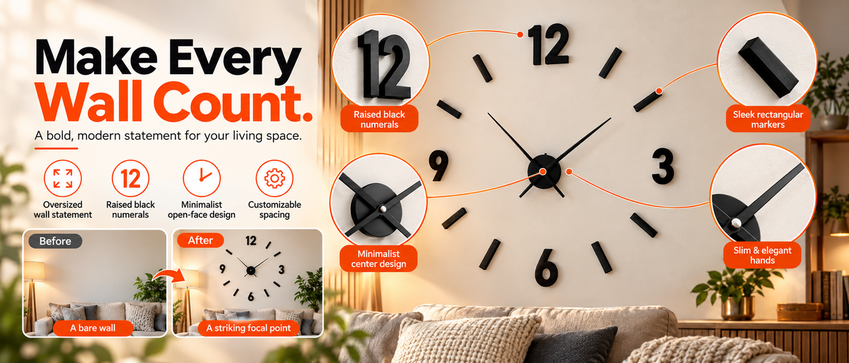 Modern Frameless 3D DIY Black Acrylic 60cm Wall Clock Overview