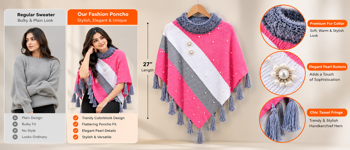 Pink Wool Poncho for Women with Fur Collar & Pearls Overview