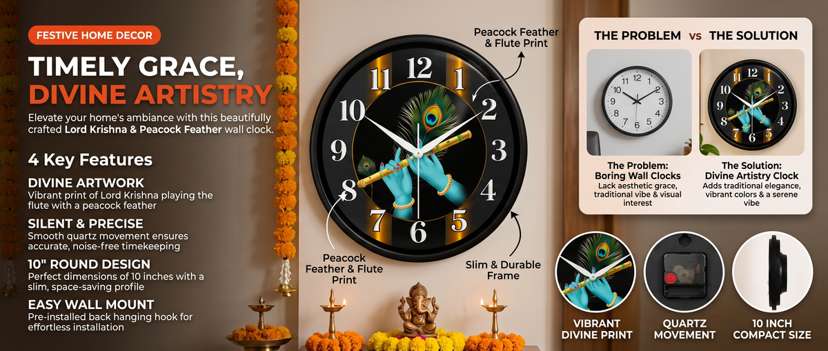 8-Inch Shree Krishna Plastic Wall Clock Overview