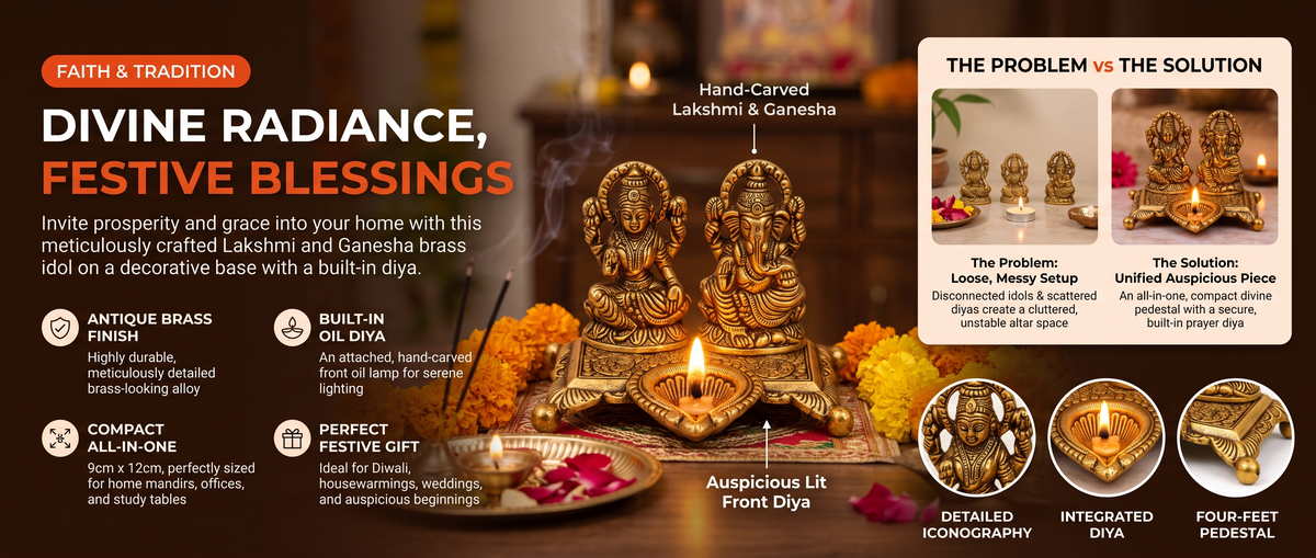Golden Aluminium Lakshmi-Ganesha Idol with a Diya Overview