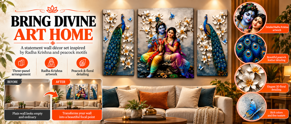 Radha Krishna Peacock 3-Panel Canvas Wall Painting Overview