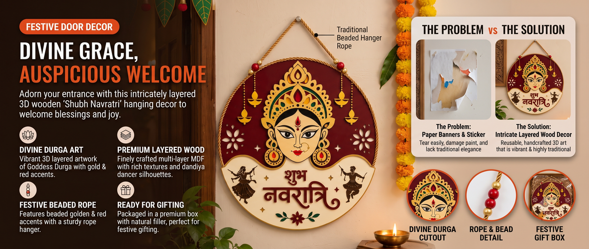 10Inch Auspicious Navratri Maa Durga Wooden Wall Plaque Overview