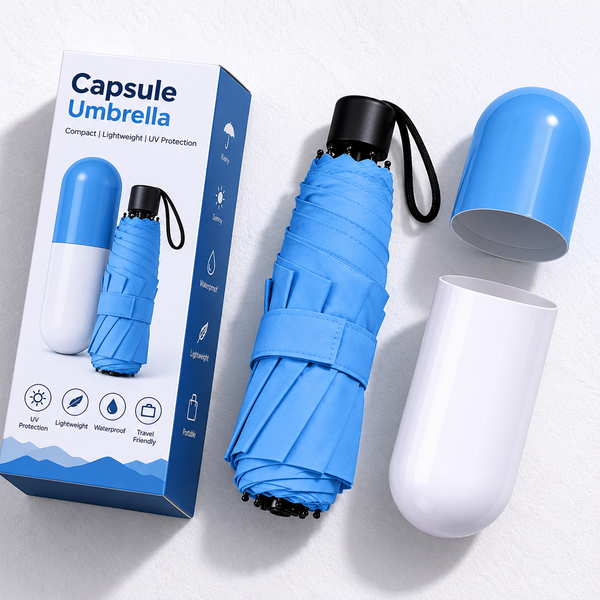 1 x Compact Multi-Fold Weather Umbrella and 1 x Leak-Proof Rigid Capsule Storage Case
