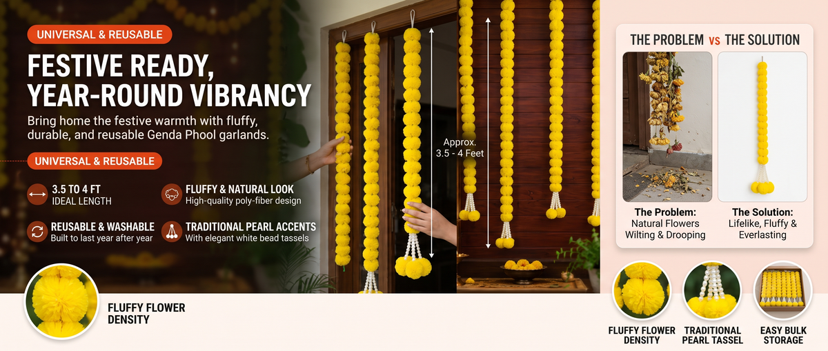 5ft Marigold Garlands with Pearl Tassels – Diwali Decor (5 Pack) Overview