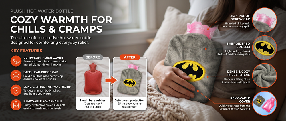 Batman Mini Hot Water Bag with Soft Cover for Pain Relief Features
